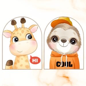 ATTRACTSO ? Cute Giraffe and Sloth Cartoon Wall Art| 9 x 12 Inch Laminated Vinyl 3mm MDF Board |Decor for Living Room | Bedroom |Set of 2 (Design-02)