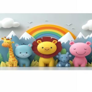 ATTRACTSO-Cute Jungle Animal Wall Poster for Kids | 6 feet x 35.5 Inch Vinyl Poster | Room Nursery Decor with Lion Giraffe Bear Rainbow Peel and Stick (Design-02)