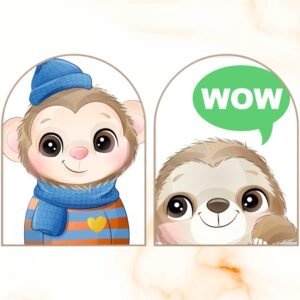ATTRACTSO ? Cute Monkey and Sloth Cartoon Wall Art | 9 x 12 Inch Laminated Vinyl 3mm MDF Board |Decor for Living Room | Bedroom |Set of 2(Design-03)