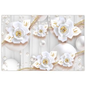 ATTRACTSO -3D White Floral Wall Poster for Living Room Bedroom Office ? Peel & Stick 36 x 23.5 inch |Elegant White Rose with Pearl Design | Waterproof & Easy to Apply Decorative Wall Art(Design-1)