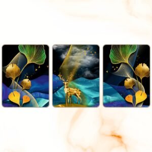 ATTRACTSO ? Modern Abstract Golden Deer Wall Art Decoration | 9 x 12 Inch Laminated vinyl 3mm MDF board |Decor for Living Room | Bedroom |Set of 3 (Design-02)