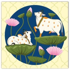 ATTRACTSO -Royal Blue Pichwai Kamdhenu Cow and Calf Viynl Self Adhesive Print Traditional Indian Art Gold Peel & Stick 35 x 35 inch Filigree Border(Design-3)
