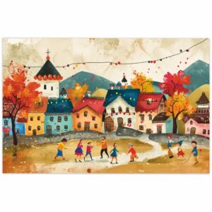 ATTRACTSO- Colorful Village Landscape |3feet x 23.5 Inch Vinyl Poster | Wall Poster for Kids Room Nursery| Home D?cor |Vibrant Houses Meadow Flowers| Art Print| (Design-03)