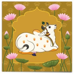 ATTRACTSO -Pichwai Single Cow Resting Art Olive Gold Background Pink Lotus Frame Peel & Stick 35 x 35 inch Traditional Nandini Print(Design-6)