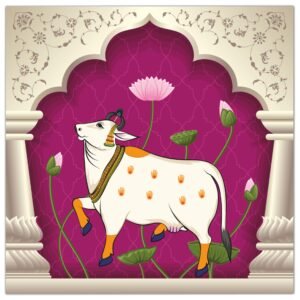 ATTRACTSO -Divine Pichwai Cow Art White Nandini in Magenta Archway with Pink Lotus Flowers Peel & Stick 35 x 35 inch Traditional Indian Temple Decor(Design-1)