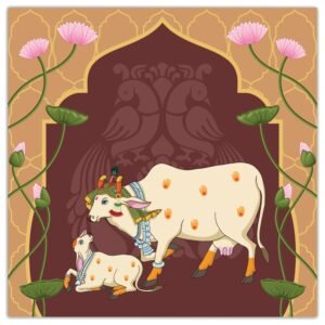 ATTRACTSO -Traditional Pichwai Cow and Calf Poster Peel & Stick 35 x 35 inch Deep Brown Archway Peacock Motifs Pink Lotus Devotional Art Print(Design-5)
