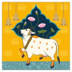 ATTRACTSO -Pichwai Cow and Calf Wall Art Dark Blue Lotus Pond Theme Peel & Stick 35 x 35 inch Round Design Traditional Indian Devotional Decor(Design-4)