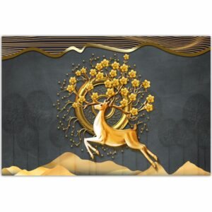 ATTRACTSO -Luxury Golden Stag Viynl Self Adhesive Wall Art 3D Effect Elegant Deer Jumps Through Gold Floral Ring Peel & Stick 36 x 23.5 inch | Modern Black Background Decor(Design-6)