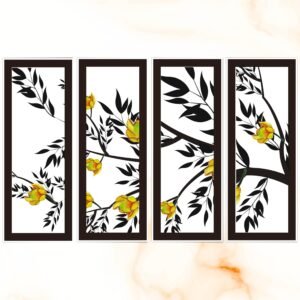 ATTRACTSO Botanical Floral Vertical Wall Art Set 4 | Self Adhesive | 4.5x 12 Inch Laminated Vinyl with 5mm Sunboard | Modern Black Leaf Yellow Flower Decor