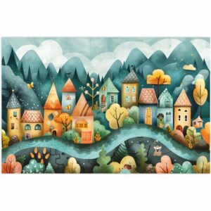 ATTRACTSO- Colorful Village Landscape |3feet x 23.5 Inch Vinyl Poster | Wall Poster for Kids Room Nursery| Home D?cor |Vibrant Houses Meadow Flowers| Art Print| (Design-02)