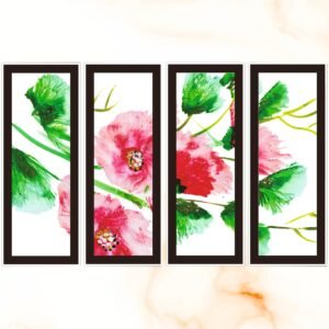 ATTRACTSO Floral Watercolor Vertical Wall Art Set 4 | Self Adhesive | 4.5x 12 Inch Laminated Vinyl with 5mm Sunboard | Modern Pink Flower Decor