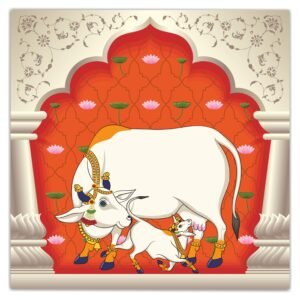 ATTRACTSO -Vibrant Orange Pichwai Cow and Calf Painting Traditional Indian Vatsalya Peel & Stick 35 x 35 inch Wall Art Arch Design Home Temple Decor(Design-2)