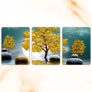 ATTRACTSO ? Abstract Golden Tree Wall Art Decoration | 9 x 12 Inch Laminated vinyl 3mm MDF board |Decor for Living Room | Bedroom |Set of 3 (Design-01)