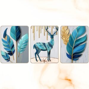 ATTRACTSO ? Teal Blue Golden Leaf Deer Wall Art Decoration | 9 x 12 Inch Laminated vinyl 3mm MDF board |Decor for Living Room | Bedroom |Set of 3 (Design-03)
