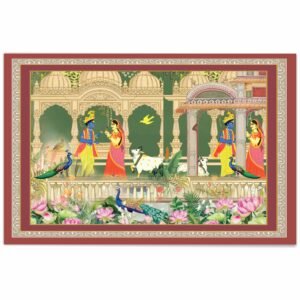 ATTRACTSO-Krishna Radha Wall Poster 3feet x 23.5 Inch Vinyl Poster Traditional Indian Art Wallpaper for Home Temple Living Room D?cor|Red boarder(Design 02)