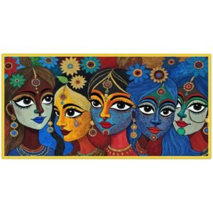 ATTRACTSO -Vibrant Folk Art Women Portrait Madhubani Style Peel & Stick 48 x 24 inch Five Faces Viynl Self Adhesive Print Traditional Indian Wall Decor(Design-1)