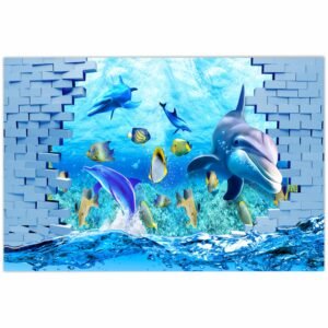 ATTRACTSO -3D Breakout Effect Dolphin Underwater Mural Wallpaper Oceanic Life Wall Sticker Peel & Stick 36 x 23.5 inch | Decor for Kids Room Bathroom(Design-4)