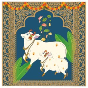 ATTRACTSO -Vibrant Yellow Pichwai Cow Poster Golden Bells and Lotus Motifs Peel & Stick 35 x 35 inch Traditional Indian Devotional Wall Decor(Design-7)