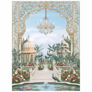 ATTRACTSO | Royal Palace Garden Wall Poster | Luxury Peacock & Floral Landscape Art | Vintage Indian Architecture Print for Living Room, Bedroom & Home Decor | Vinyl Sticker ? 36x47.5 Inch