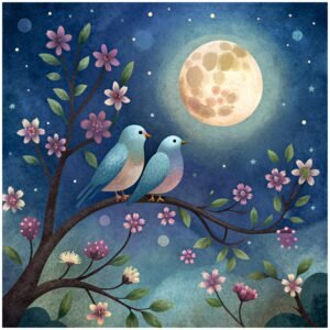 ATTRACTSO - Night Sky Floral Art Moonlight Birds Wall Poster for Kids Room|35.5 x 35.5 Inch Vinyl Peel and Stick| Nursery Decor for Baby Room Bedroom Playroom