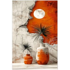 ATTRACTSO - Abstract Wall Poster for Living Room |23.5 Inch x 36 Inch Vinyl Peel and Stick| Modern Orange Art Wallpaper Featuring Textured Vases Moon Design for Bedroom Hallway Office Home Decor