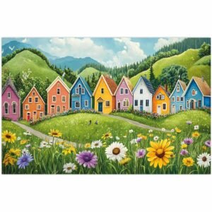 ATTRACTSO- Colorful Village Landscape |3feet x 23.5 Inch Vinyl Poster | Wall Poster for Kids Room Nursery| Home D?cor |Vibrant Houses Meadow Flowers| Art Print| (Design-01)