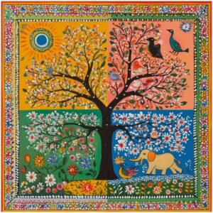 ATTRACTSO - Tree Animals Birds Folk Art Wall Poster for Kids Room |35.5 x 35.5 Inch Vinyl Peel and Stick |Nursery Decor Colorful for Baby Room Playroom Bedroom Decoration