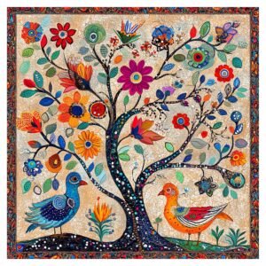 ATTRACTSO- Folk Art Birds and Floral Tree Pattern Wall Poster for Kids Room| 35.5 x 35.5 Inch Vinyl Peel and Stick| Nursery Decor Bright for Baby Room Playroom Bedroom Wall Decoration